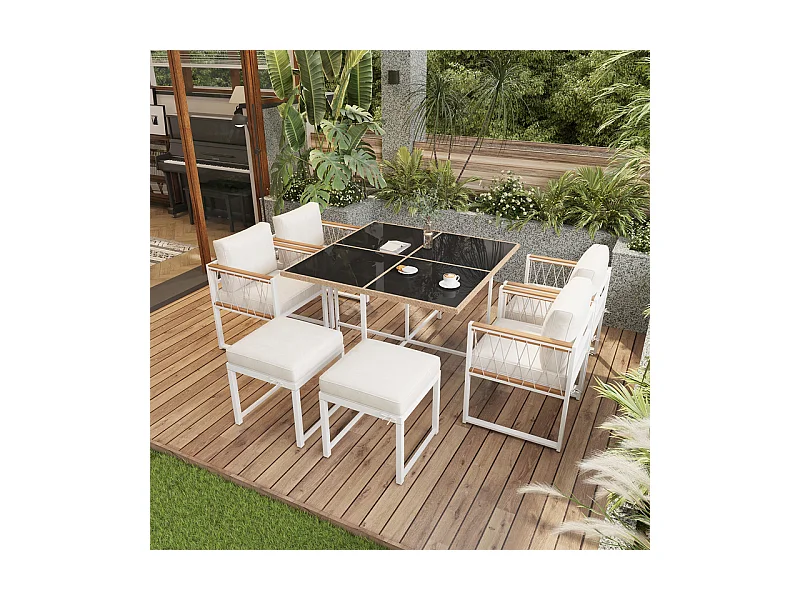 Salle à manger de jardin en métal - avec table en verre durci, 4 fauteuils et 2 pouf - Blanc et noir