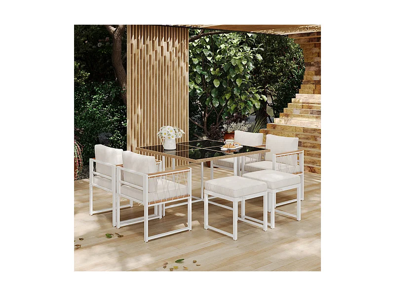 Tuindinerstel in metaal - tafel van gehard glas, 4 fauteuils + 2 poefs - Wit & Zwart