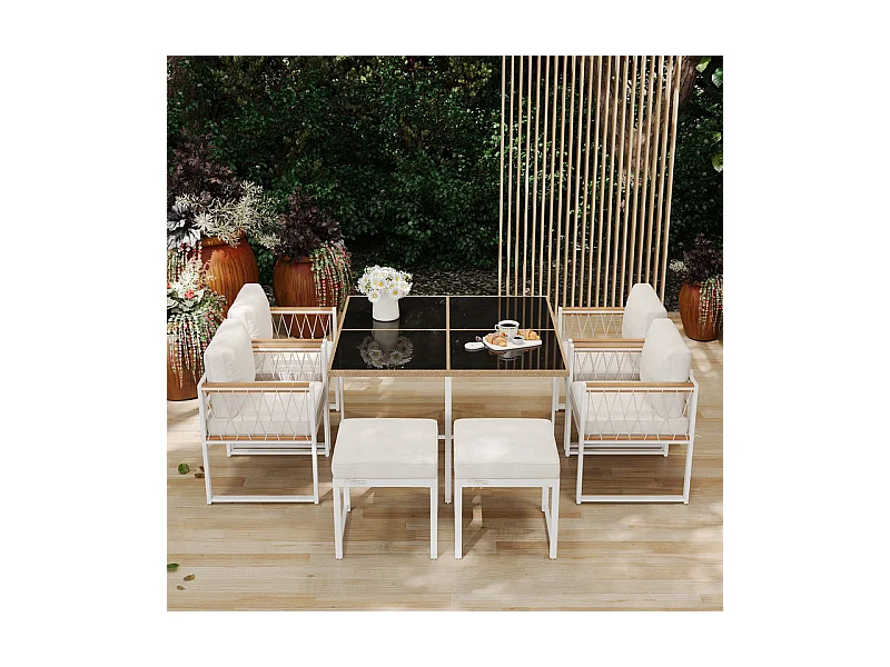 Tuindinerstel in metaal - tafel van gehard glas, 4 fauteuils + 2 poefs - Wit & Zwart