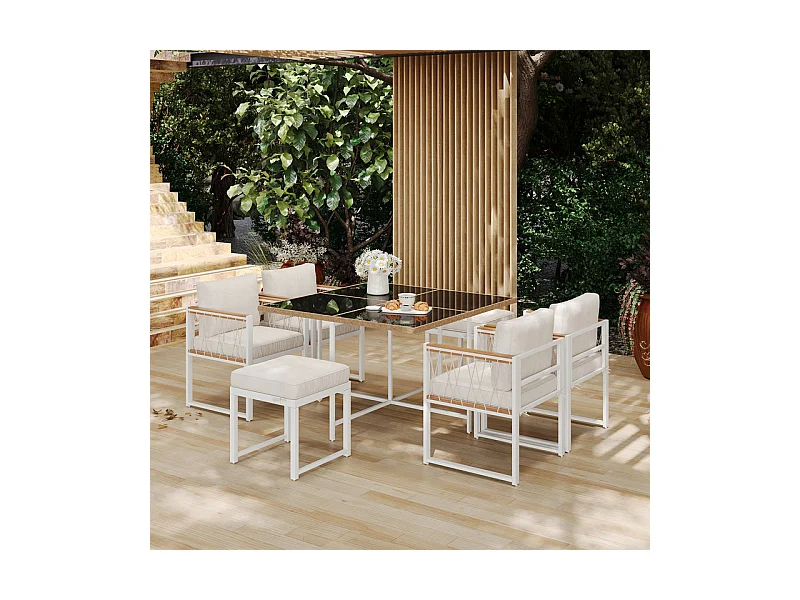 Tuindinerstel in metaal - tafel van gehard glas, 4 fauteuils + 2 poefs - Wit & Zwart