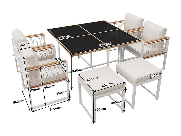 Salle à manger de jardin en métal - avec table en verre durci, 4 fauteuils et 2 pouf - Blanc et noir