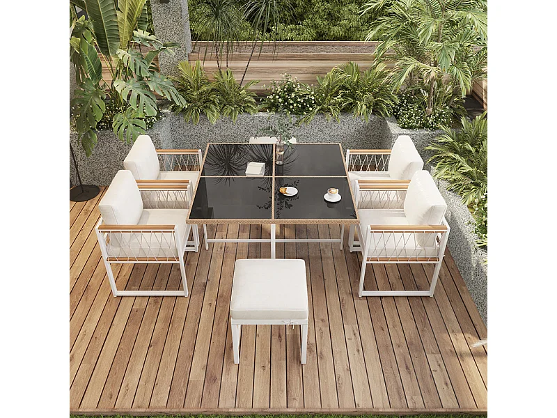Salle à manger de jardin en métal - avec table en verre durci, 4 fauteuils et 2 pouf - Blanc et noir