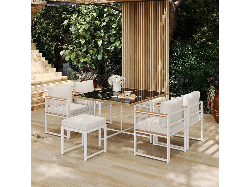 Salle à manger de jardin en métal - avec table en verre durci, 4 fauteuils et 2 pouf - Blanc et noir