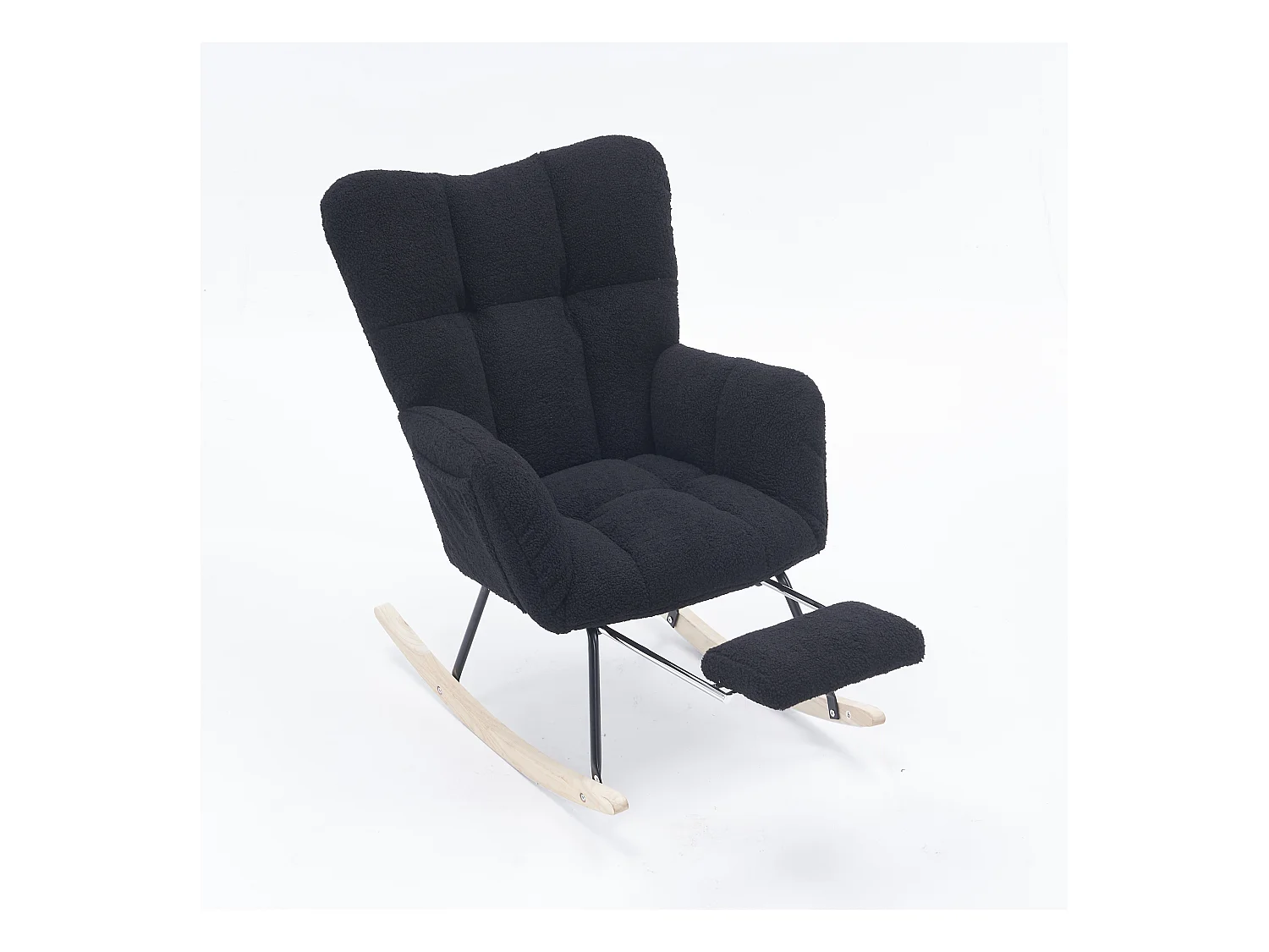 Fauteuil à bascule avec accoudoir et repose-pieds extractible, en tissu teddy noir