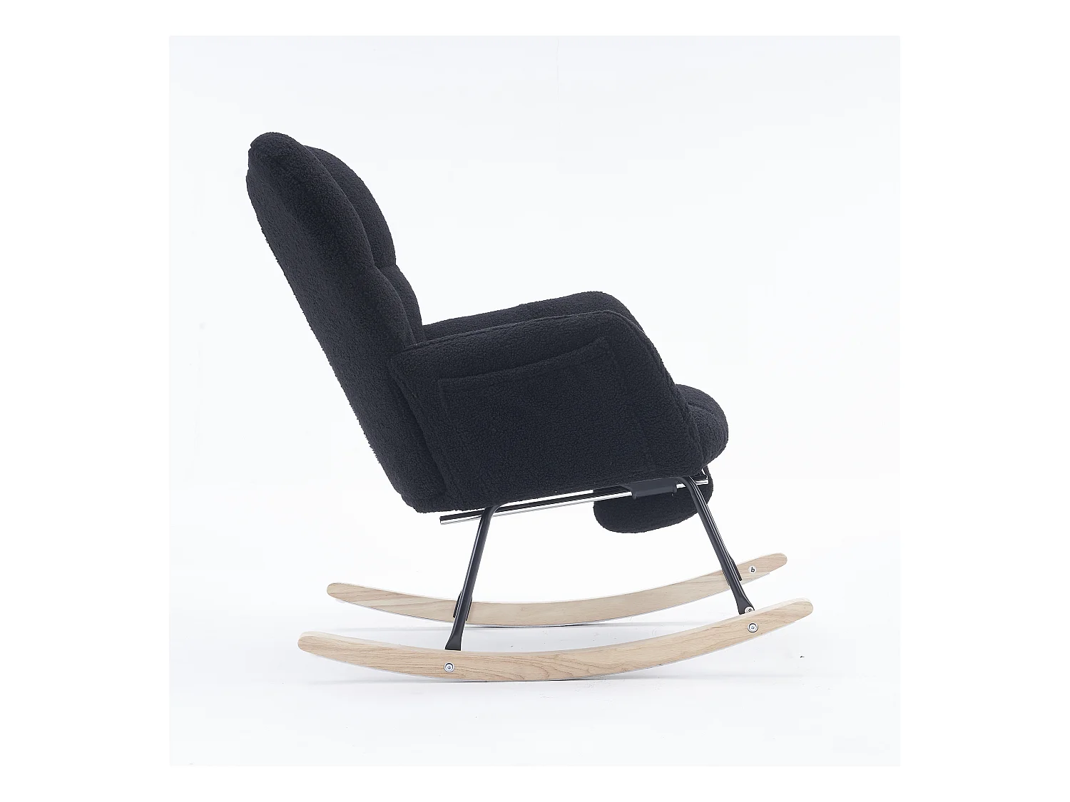 Fauteuil à bascule avec accoudoir et repose-pieds extractible, en tissu teddy noir