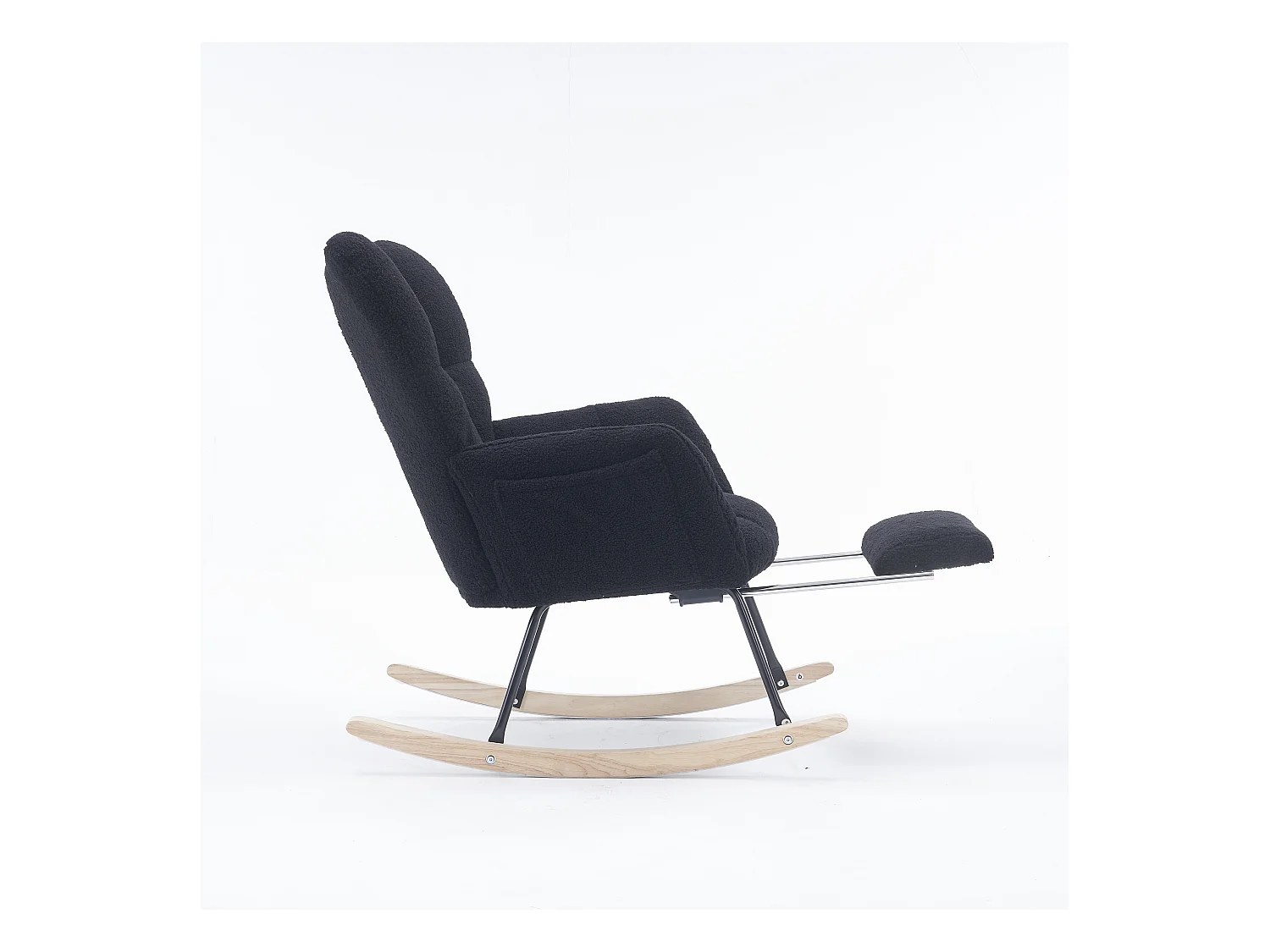 Fauteuil à bascule avec accoudoir et repose-pieds extractible, en tissu teddy noir