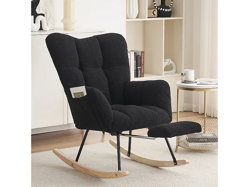 Fauteuil à bascule avec accoudoir et repose-pieds extractible, en tissu teddy noir