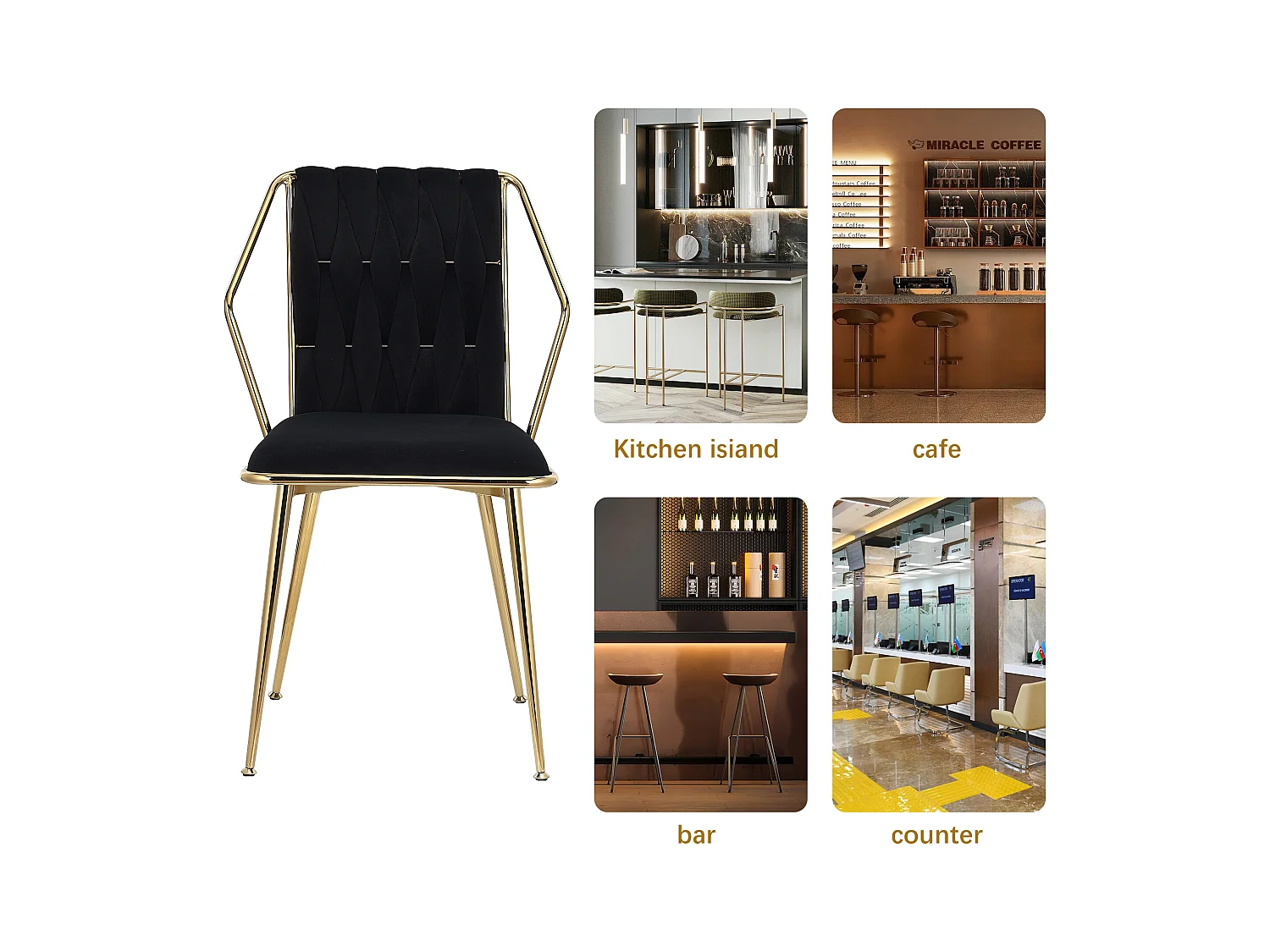 Lot de 2 chaises de salle à manger, chaise scandinave, dossier en velours et pieds dorés, pour salon, chambre, cuisine, bureau, noir