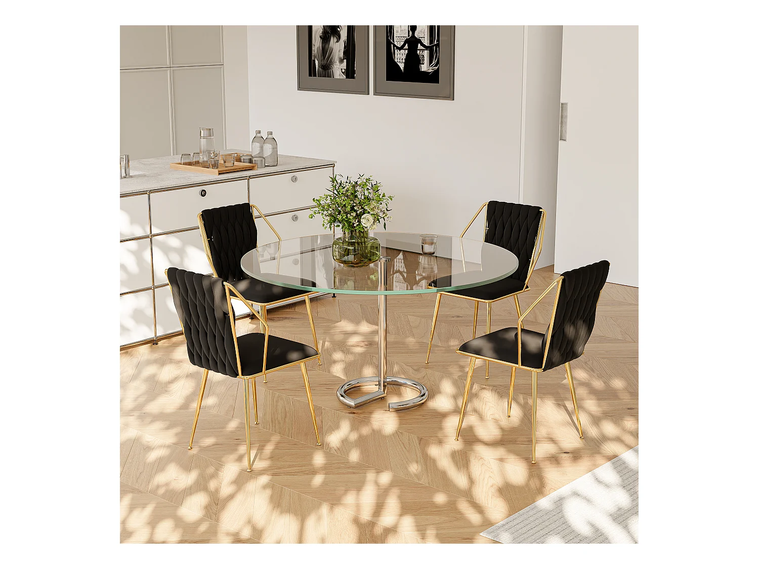 Lot de 2 chaises de salle à manger, chaise scandinave, dossier en velours et pieds dorés, pour salon, chambre, cuisine, bureau, noir