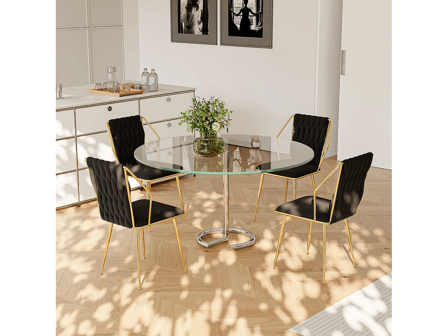 Lot de 2 chaises de salle à manger, chaise scandinave, dossier en velours et pieds dorés, pour salon, chambre, cuisine, bureau, noir