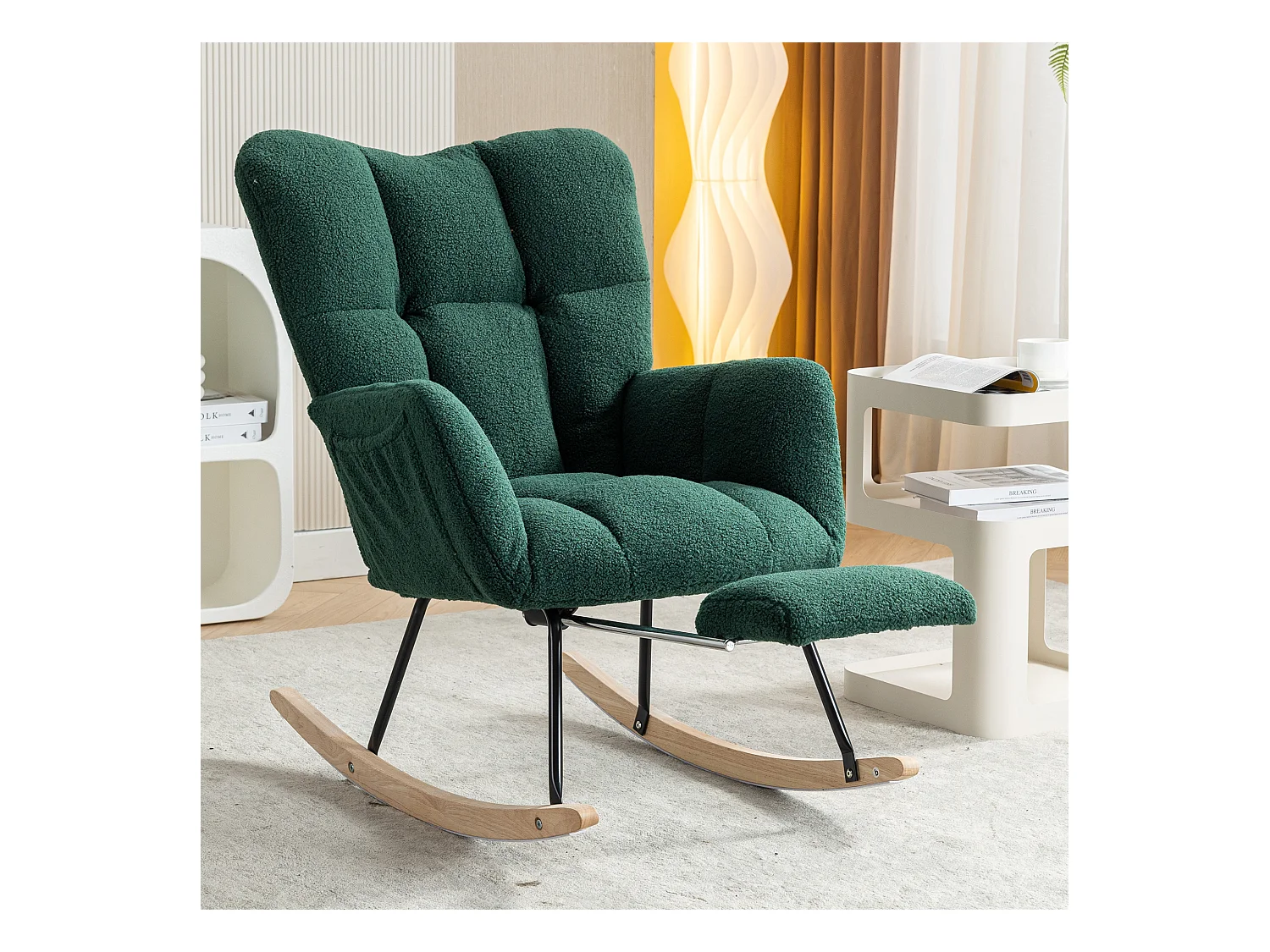 Fauteuil à bascule avec accoudoir et repose-pieds extractible, en tissu teddy vert