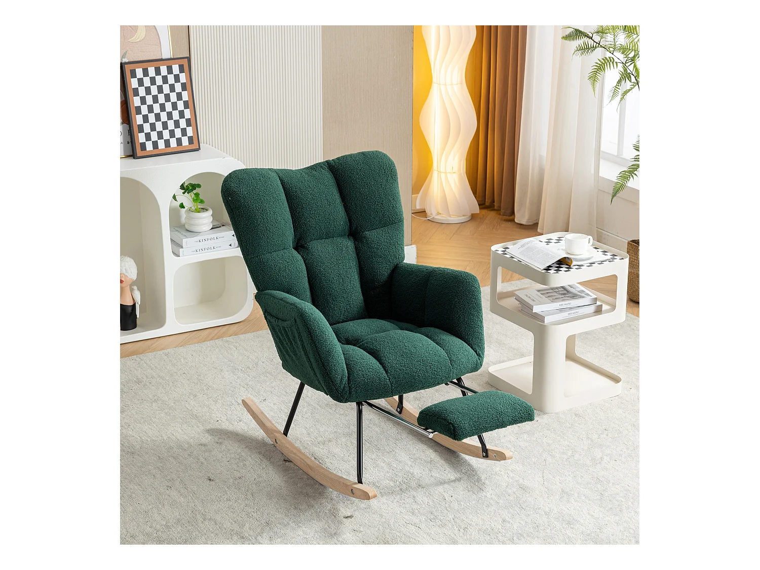 Fauteuil à bascule avec accoudoir et repose-pieds extractible, en tissu teddy vert
