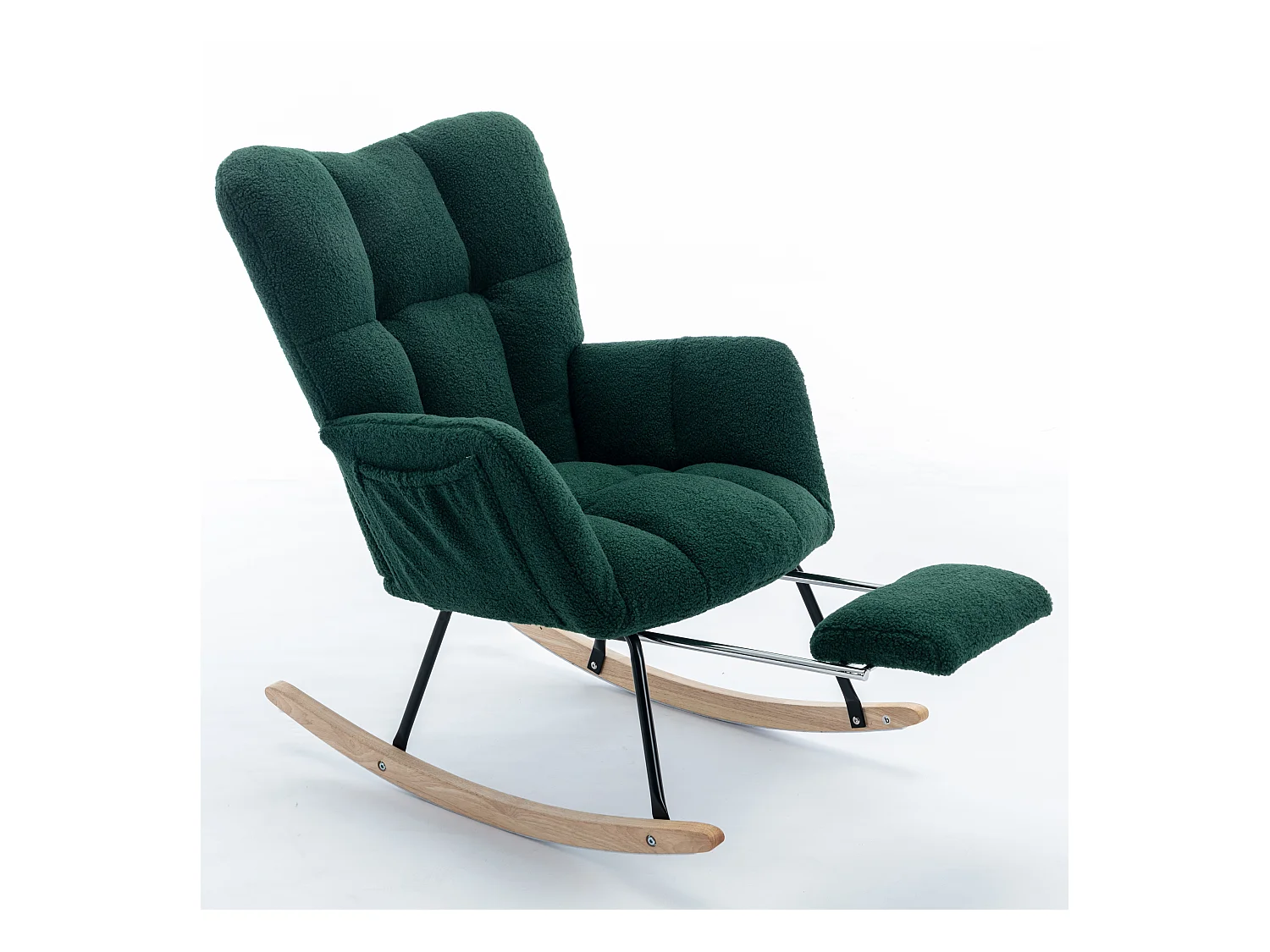 Fauteuil à bascule avec accoudoir et repose-pieds extractible, en tissu teddy vert