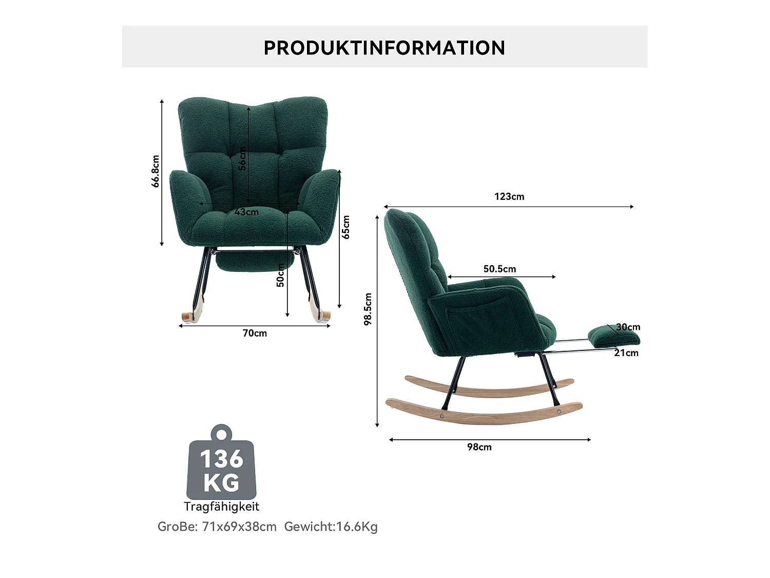 Fauteuil à bascule avec accoudoir et repose-pieds extractible, en tissu teddy vert