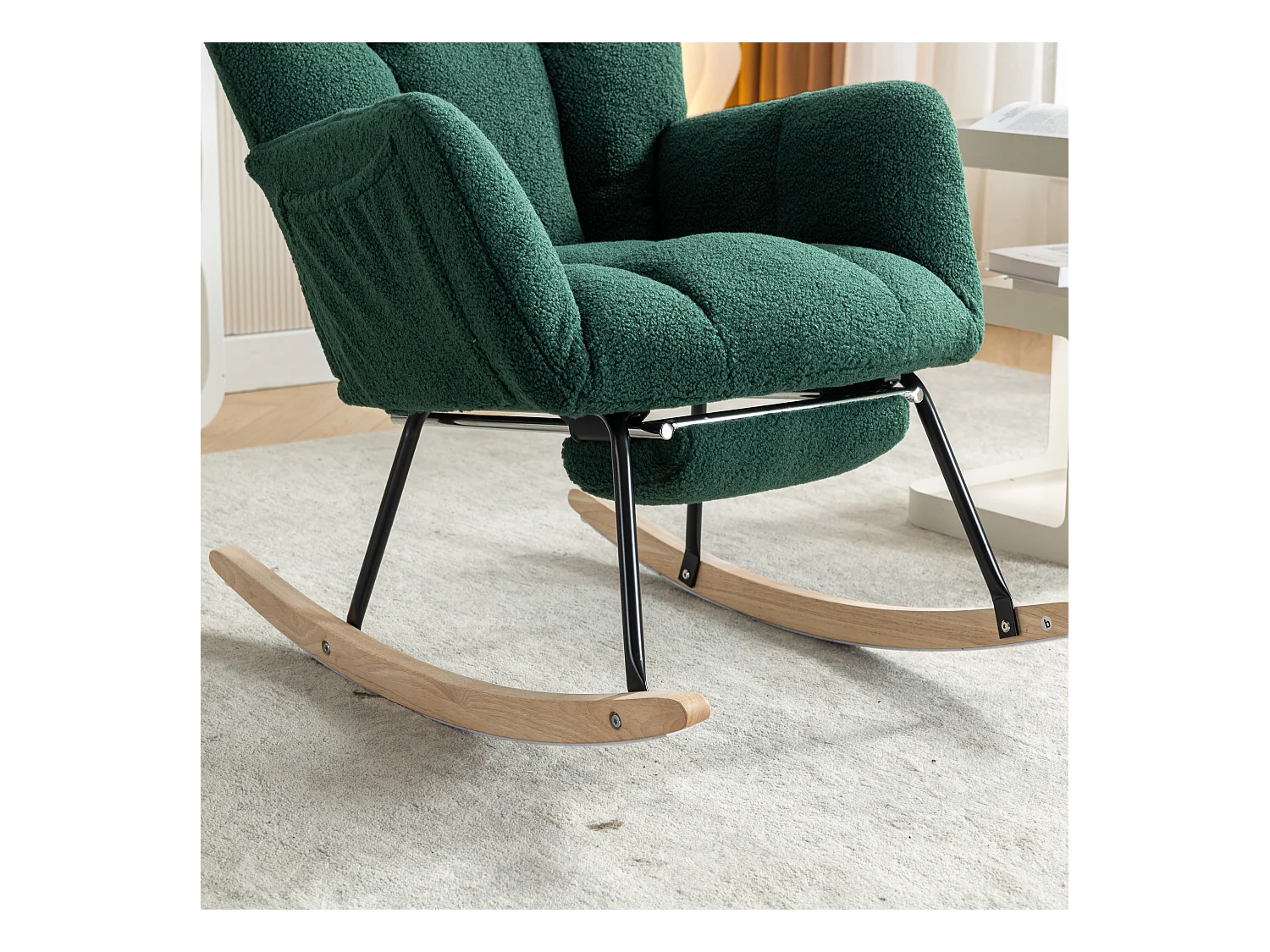 Fauteuil à bascule avec accoudoir et repose-pieds extractible, en tissu teddy vert