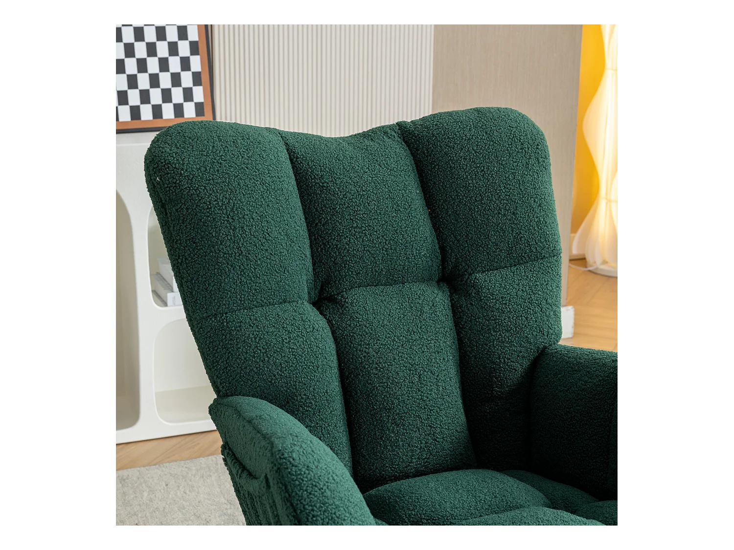 Fauteuil à bascule avec accoudoir et repose-pieds extractible, en tissu teddy vert