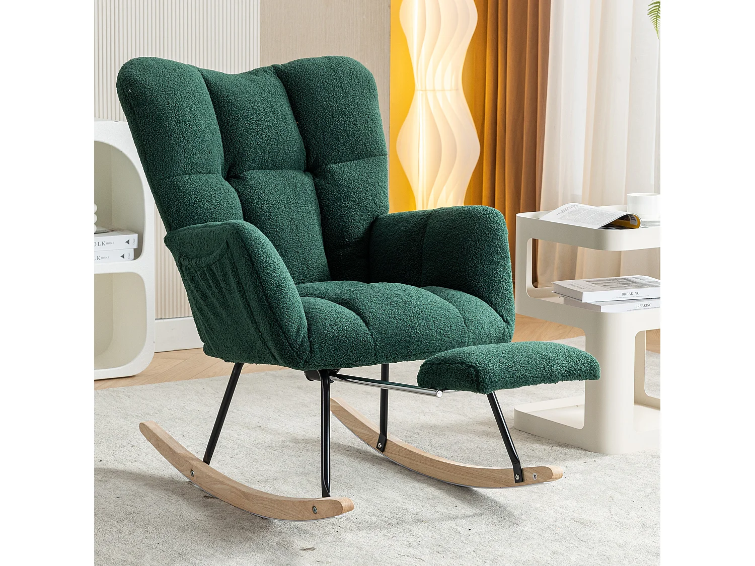 Fauteuil à bascule avec accoudoir et repose-pieds extractible, en tissu teddy vert