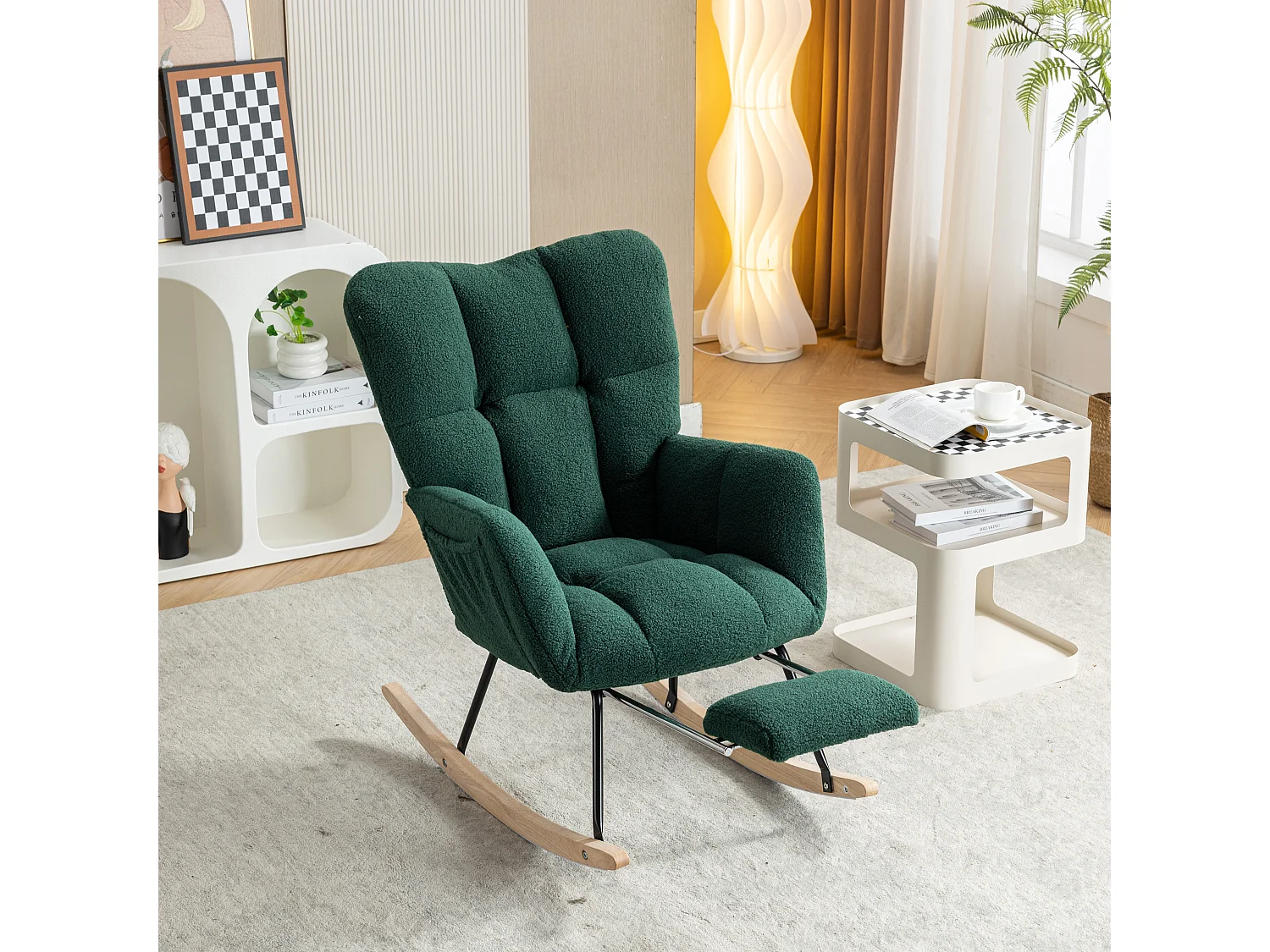 Fauteuil à bascule avec accoudoir et repose-pieds extractible, en tissu teddy vert