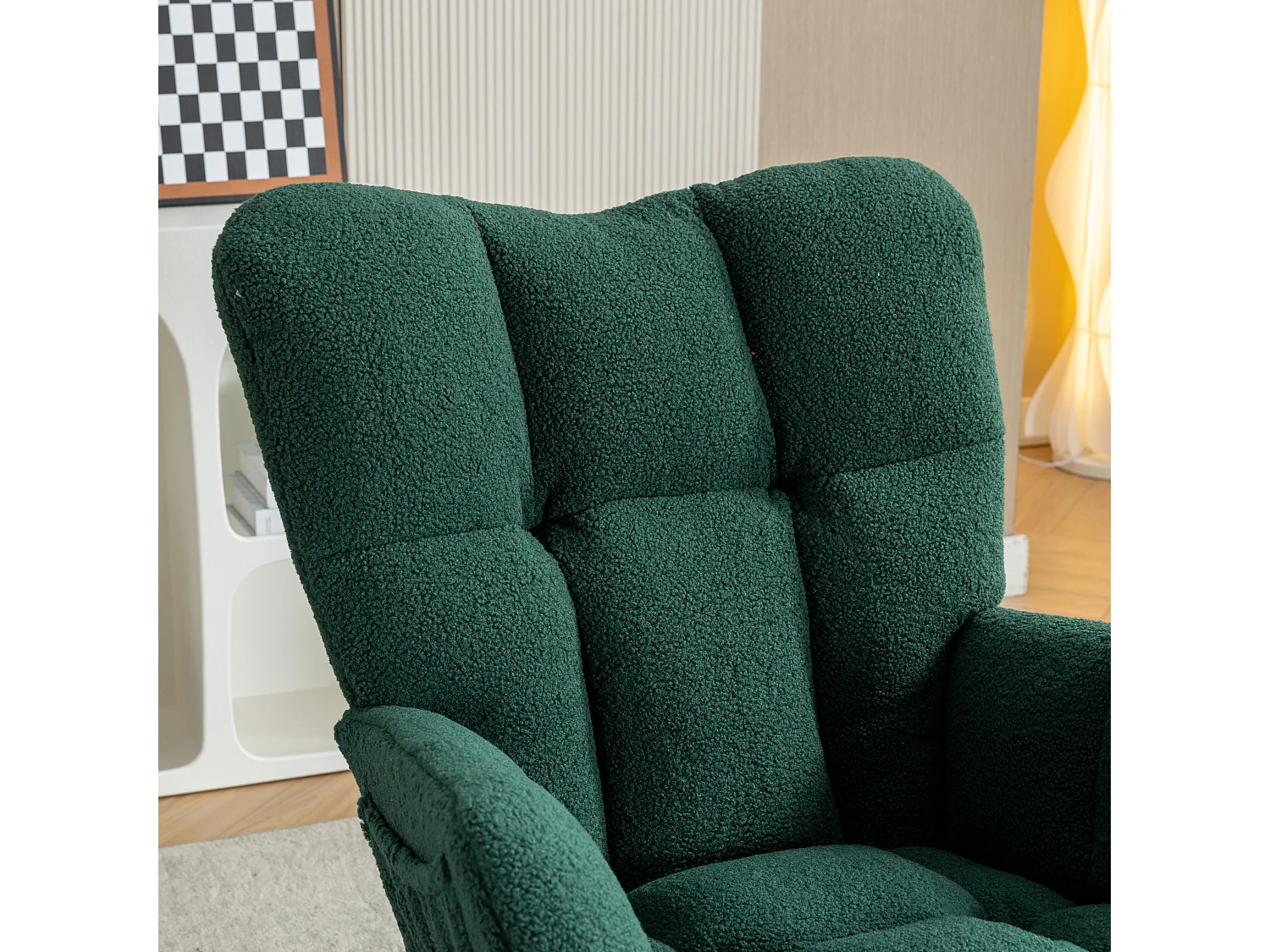 Fauteuil à bascule avec accoudoir et repose-pieds extractible, en tissu teddy vert