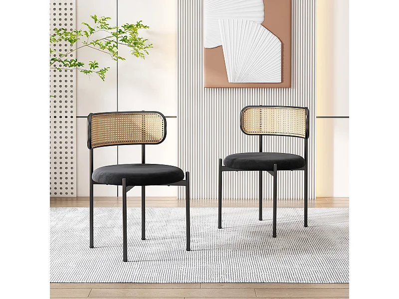 Set di 2 sedie in velluto, schienale in rattan e gambe in metallo nero - nero