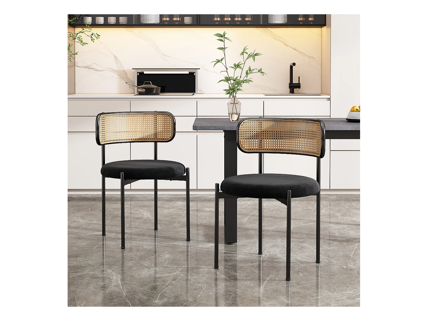 Lot de 2 chaises en velours, dossier en rotin et pied en métal noir - noir