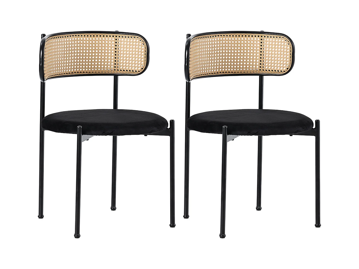 Lot de 2 chaises en velours, dossier en rotin et pied en métal noir - noir