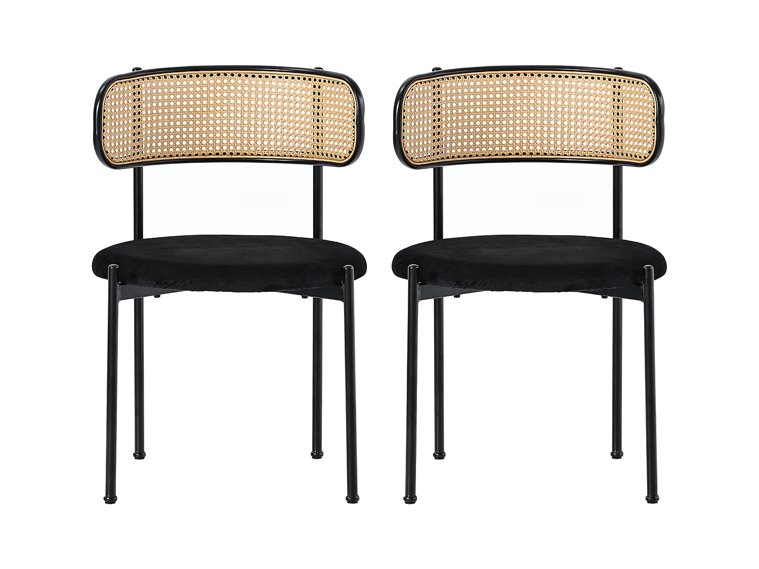 Lot de 2 chaises en velours, dossier en rotin et pied en métal noir - noir