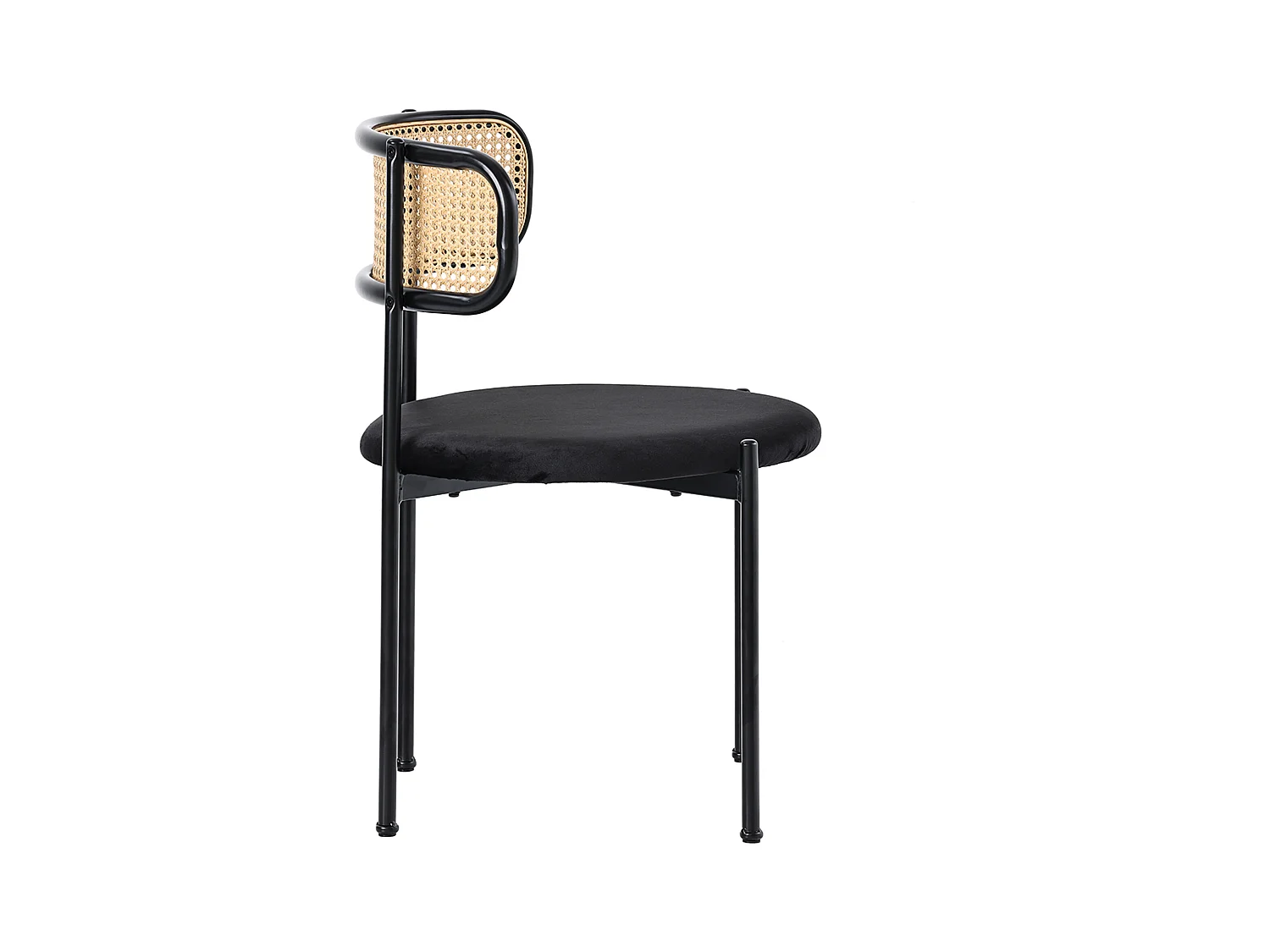 Lot de 2 chaises en velours, dossier en rotin et pied en métal noir - noir