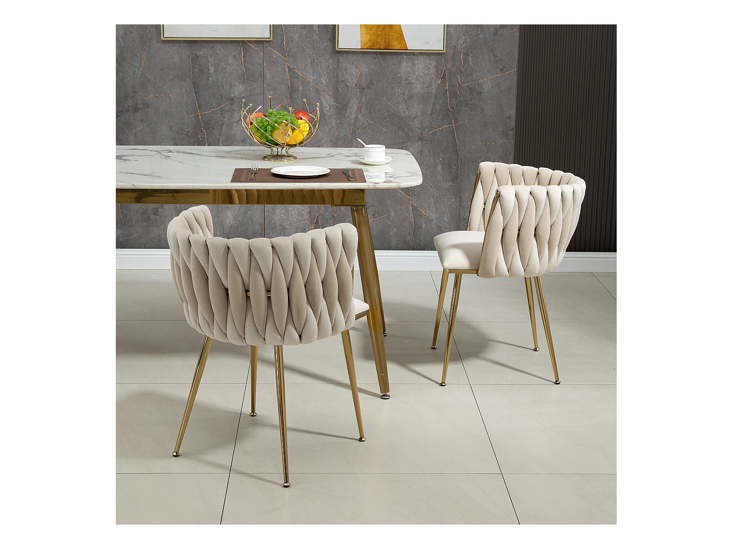 Lot de 2 chaises en velours et métal doré - Ivoire