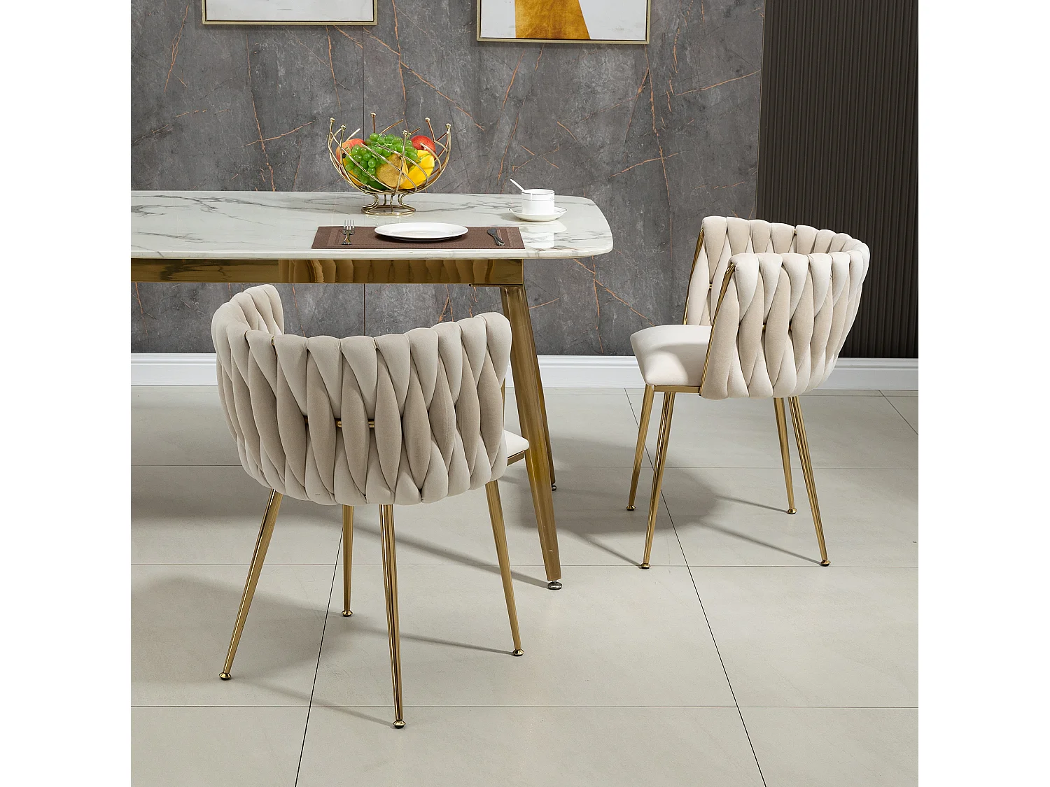 Lot de 2 chaises en velours et métal doré - Ivoire