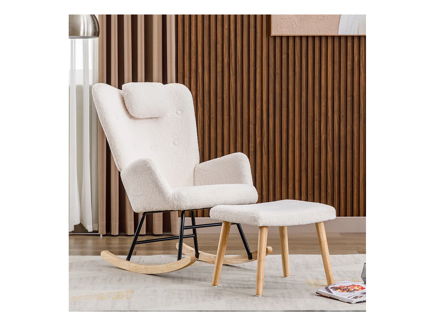 Fauteuil à bascule avec appui-tête et tabouret en tissu teddy blanc