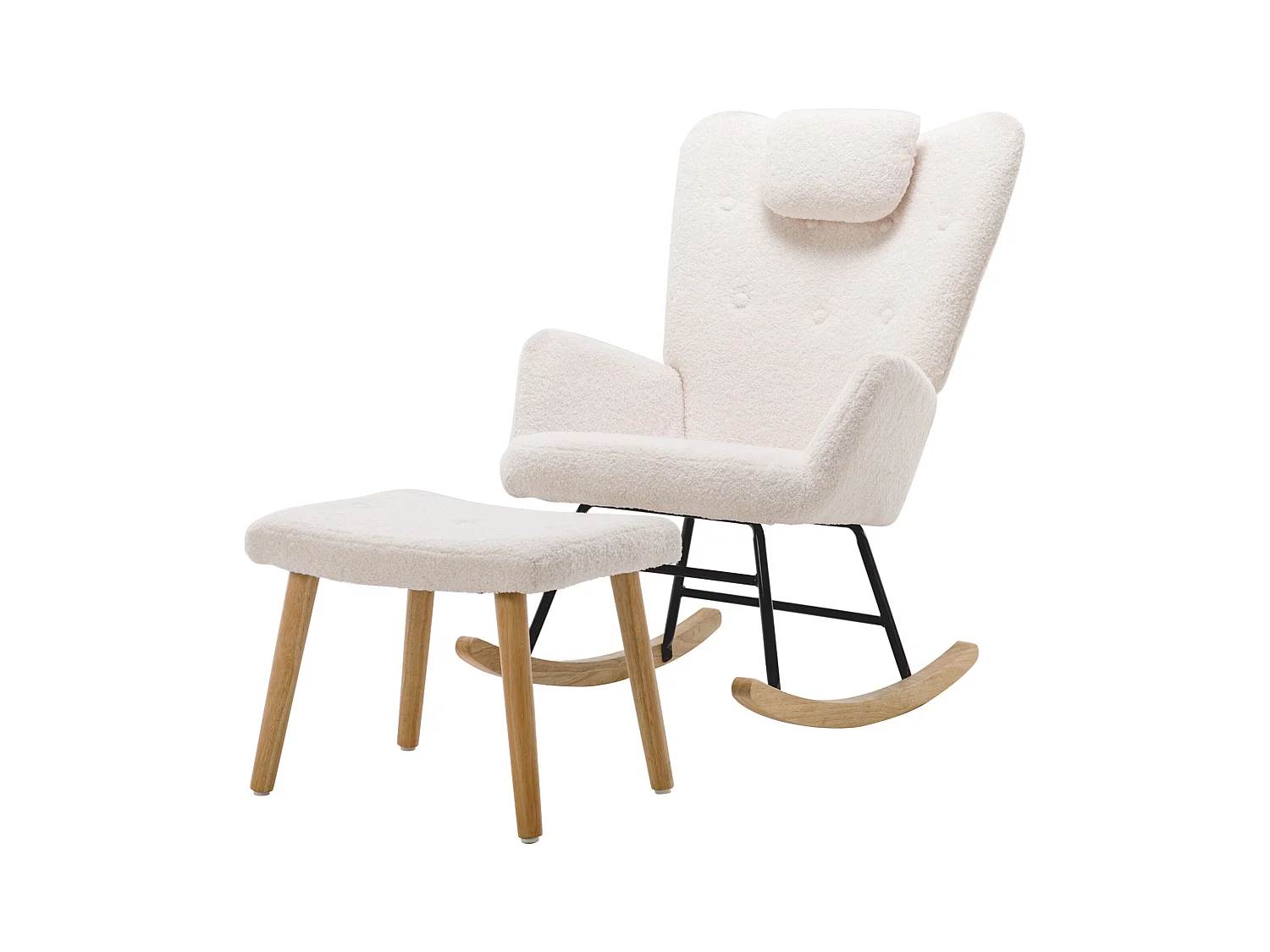 Fauteuil à bascule avec appui-tête et tabouret en tissu teddy blanc