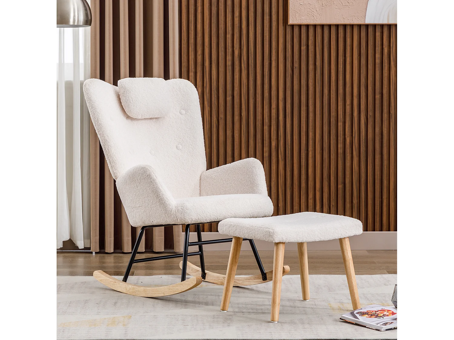Fauteuil à bascule avec appui-tête et tabouret en tissu teddy blanc