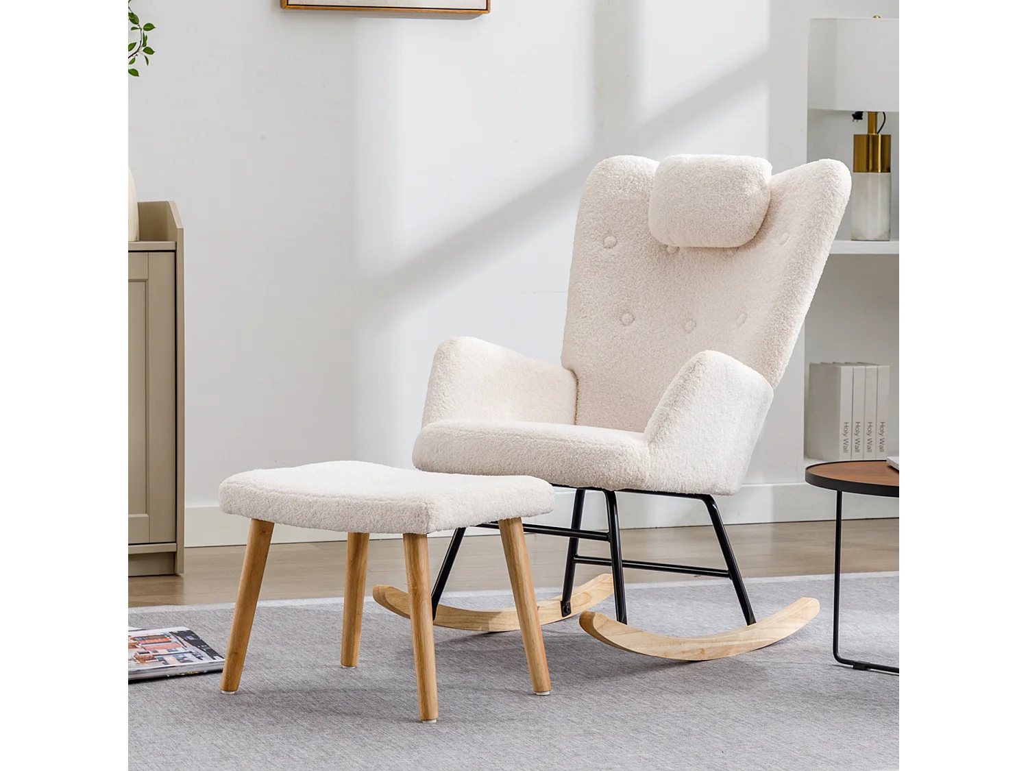 Fauteuil à bascule avec appui-tête et tabouret en tissu teddy blanc
