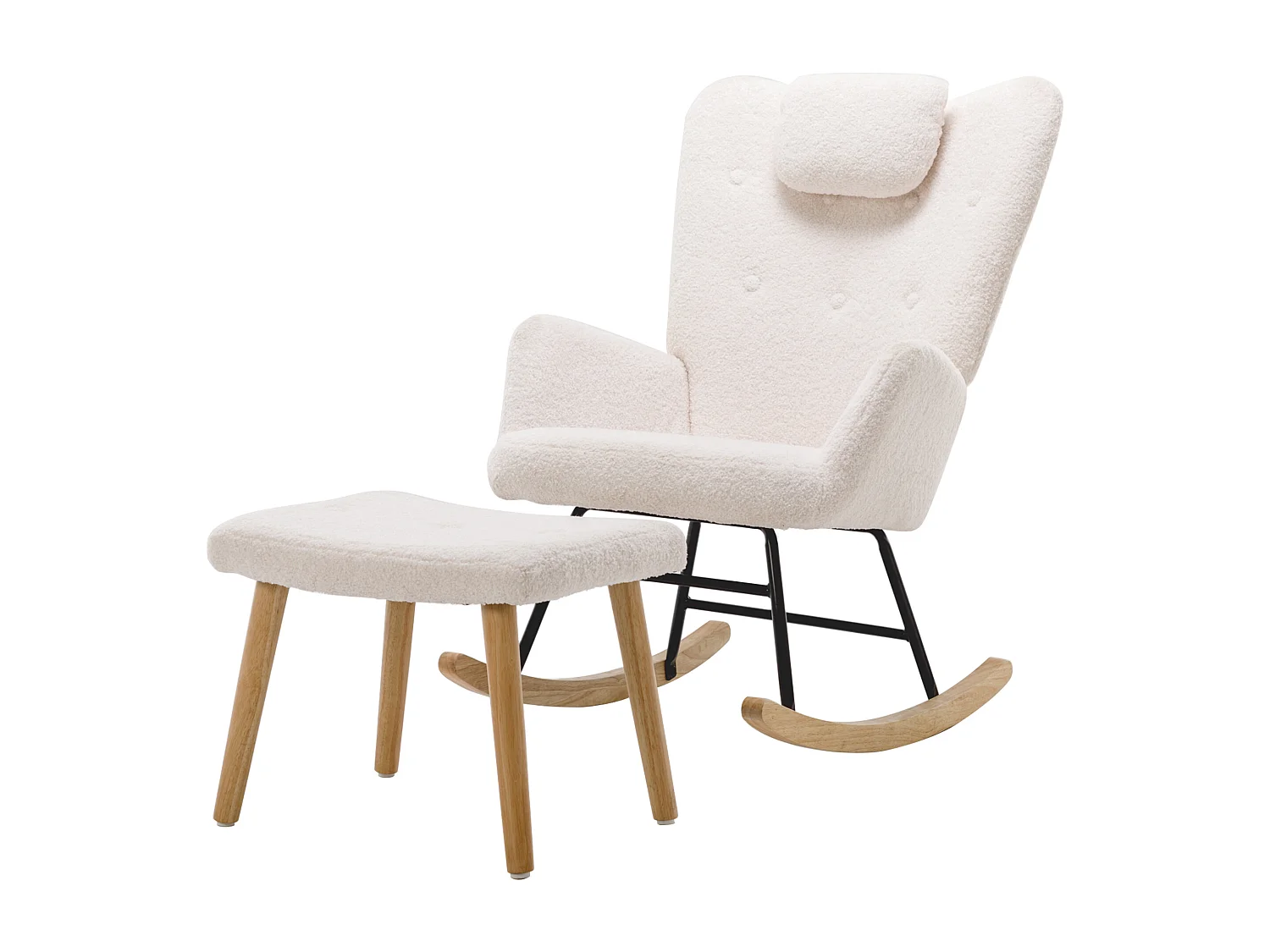 Fauteuil à bascule avec appui-tête et tabouret en tissu teddy blanc