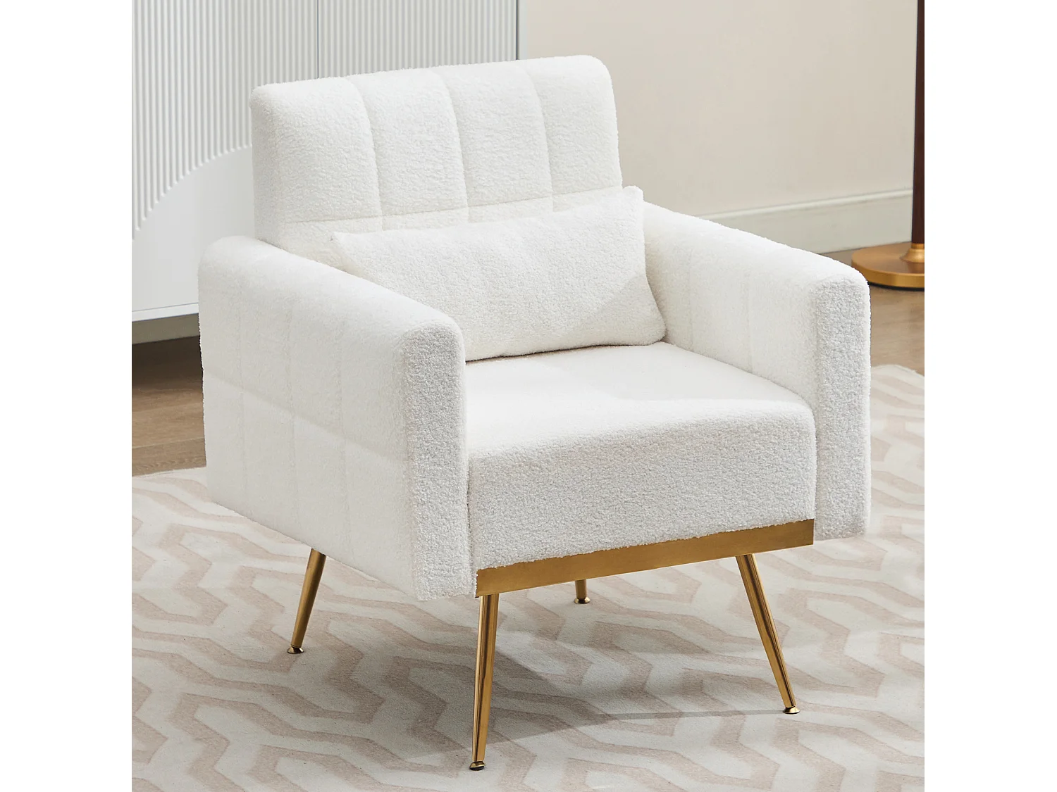 Fauteuil en tissu teddy et pied doré, chaise avec accoudoirs et coussin - Blanc