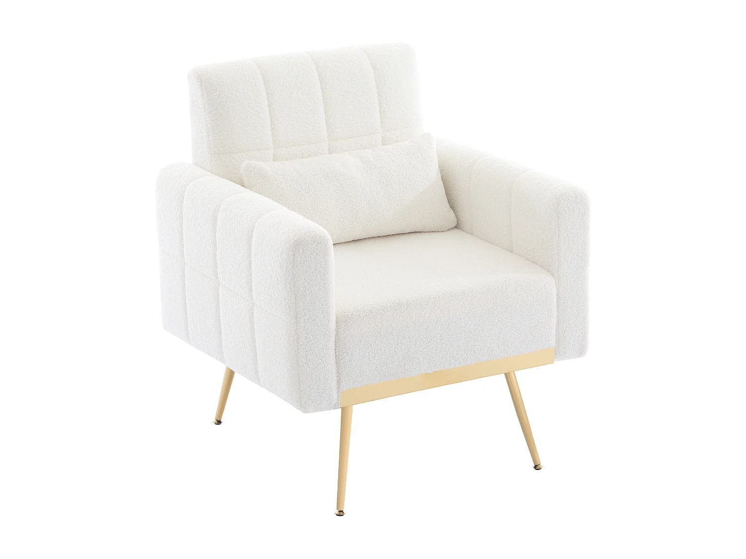 Fauteuil en tissu teddy et pied doré, chaise avec accoudoirs et coussin - Blanc