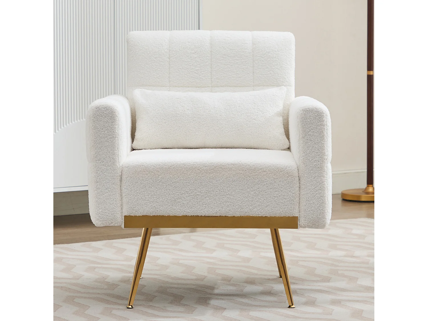 Fauteuil en tissu teddy et pied doré, chaise avec accoudoirs et coussin - Blanc