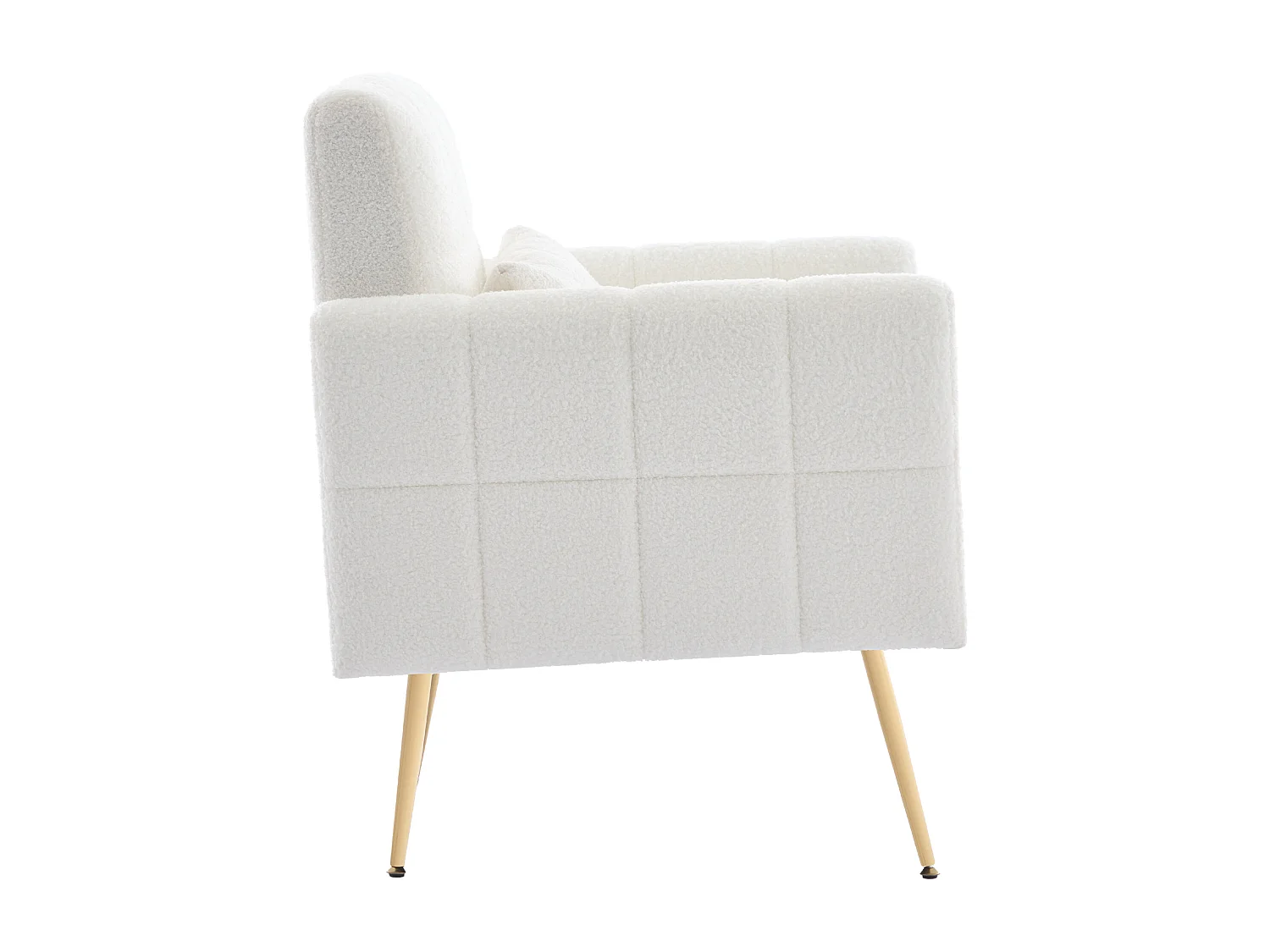 Fauteuil en tissu teddy et pied doré, chaise avec accoudoirs et coussin - Blanc