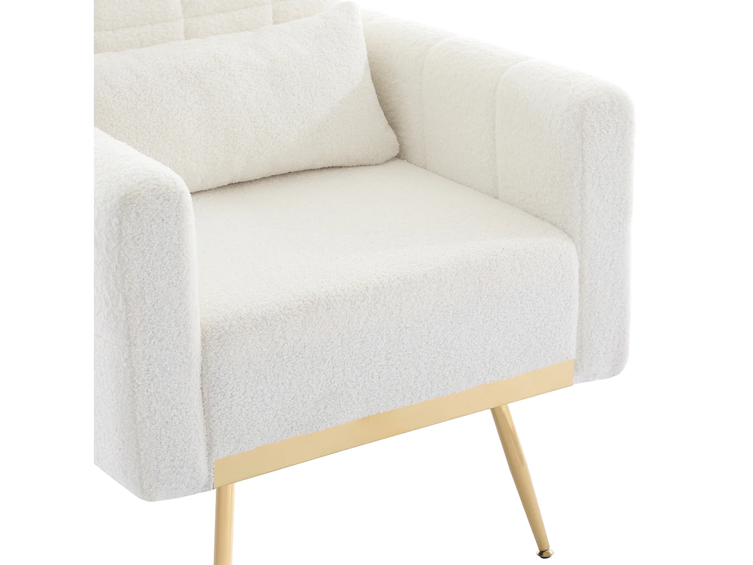 Fauteuil en tissu teddy et pied doré, chaise avec accoudoirs et coussin - Blanc