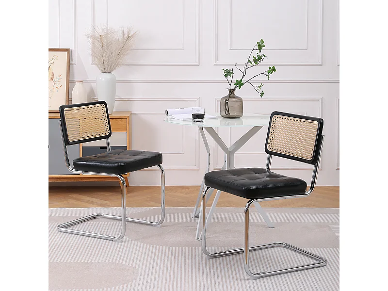 Lot de 2 Chaises cantilever avec dossier en rotin, en similicuir Noir