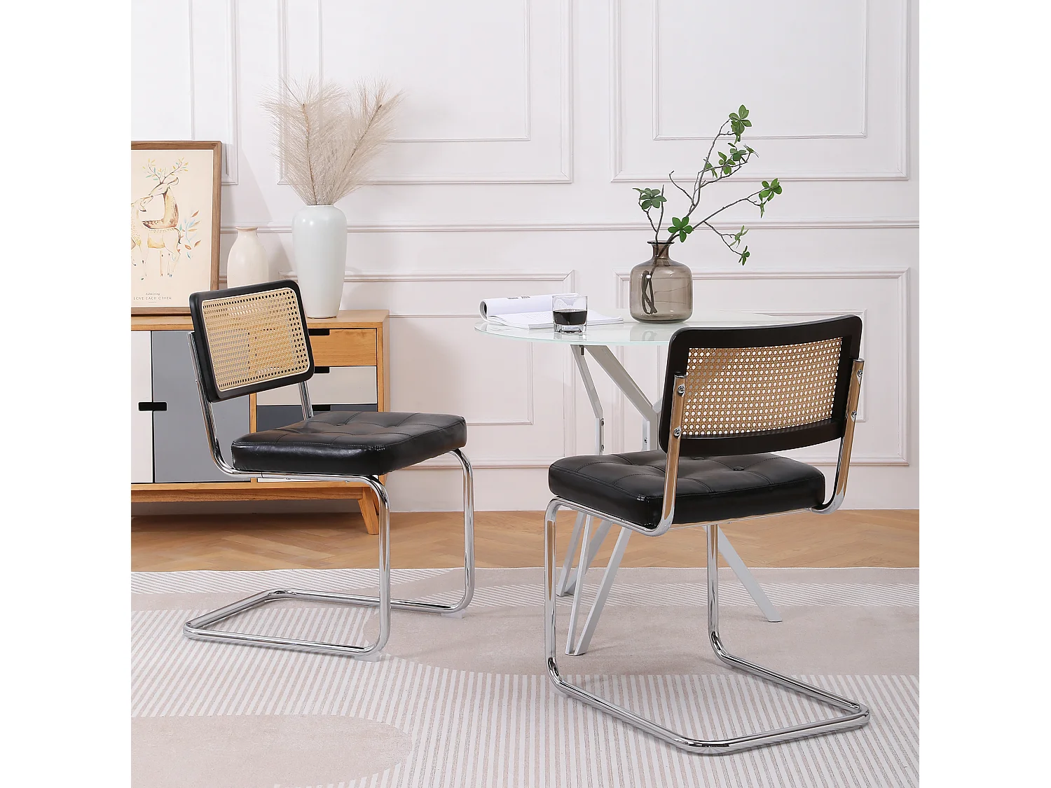 Lot de 2 Chaises cantilever avec dossier en rotin, en similicuir Noir