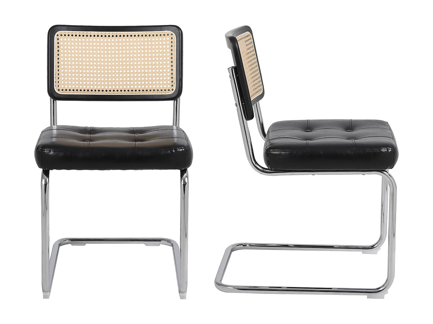 Lot de 2 Chaises cantilever avec dossier en rotin, en similicuir Noir