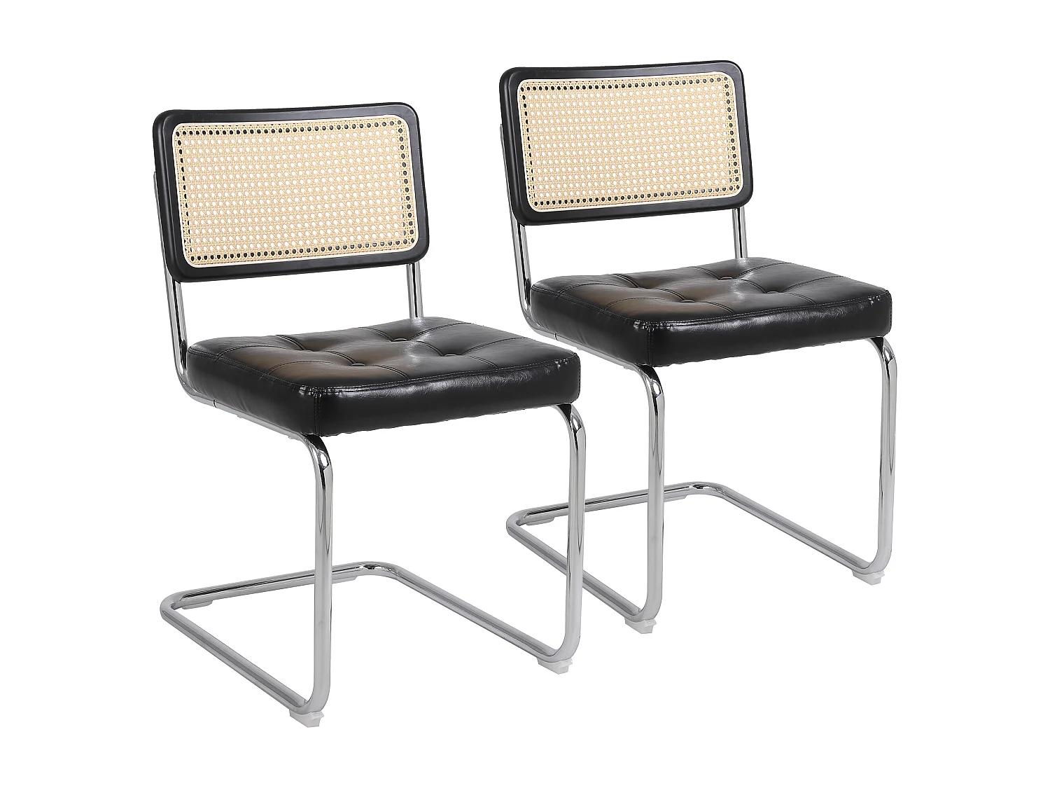 Lot de 2 Chaises cantilever avec dossier en rotin, en similicuir Noir