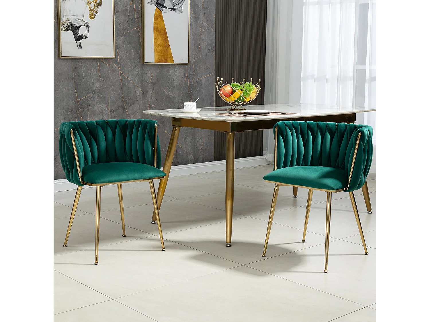 Lot de 2 chaises en velours et métal doré - vert émeraude