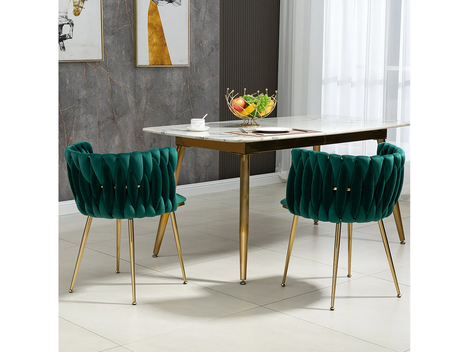 Lot de 2 chaises en velours et métal doré - vert émeraude