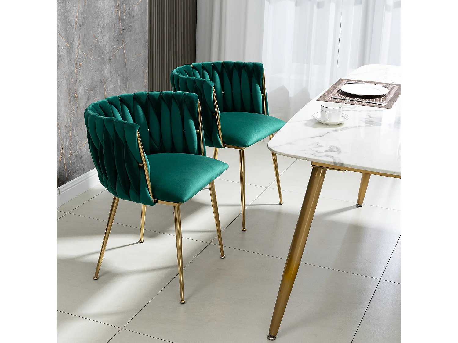 Lot de 2 chaises en velours et métal doré - vert émeraude