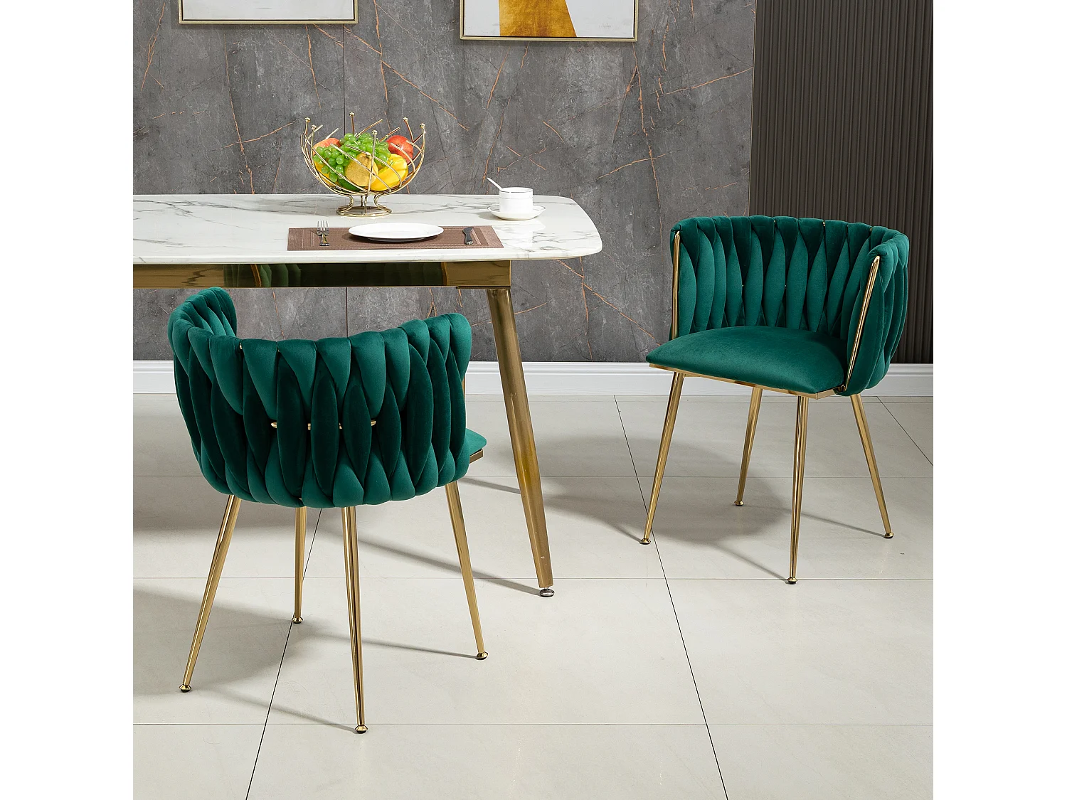 Lot de 2 chaises en velours et métal doré - vert émeraude