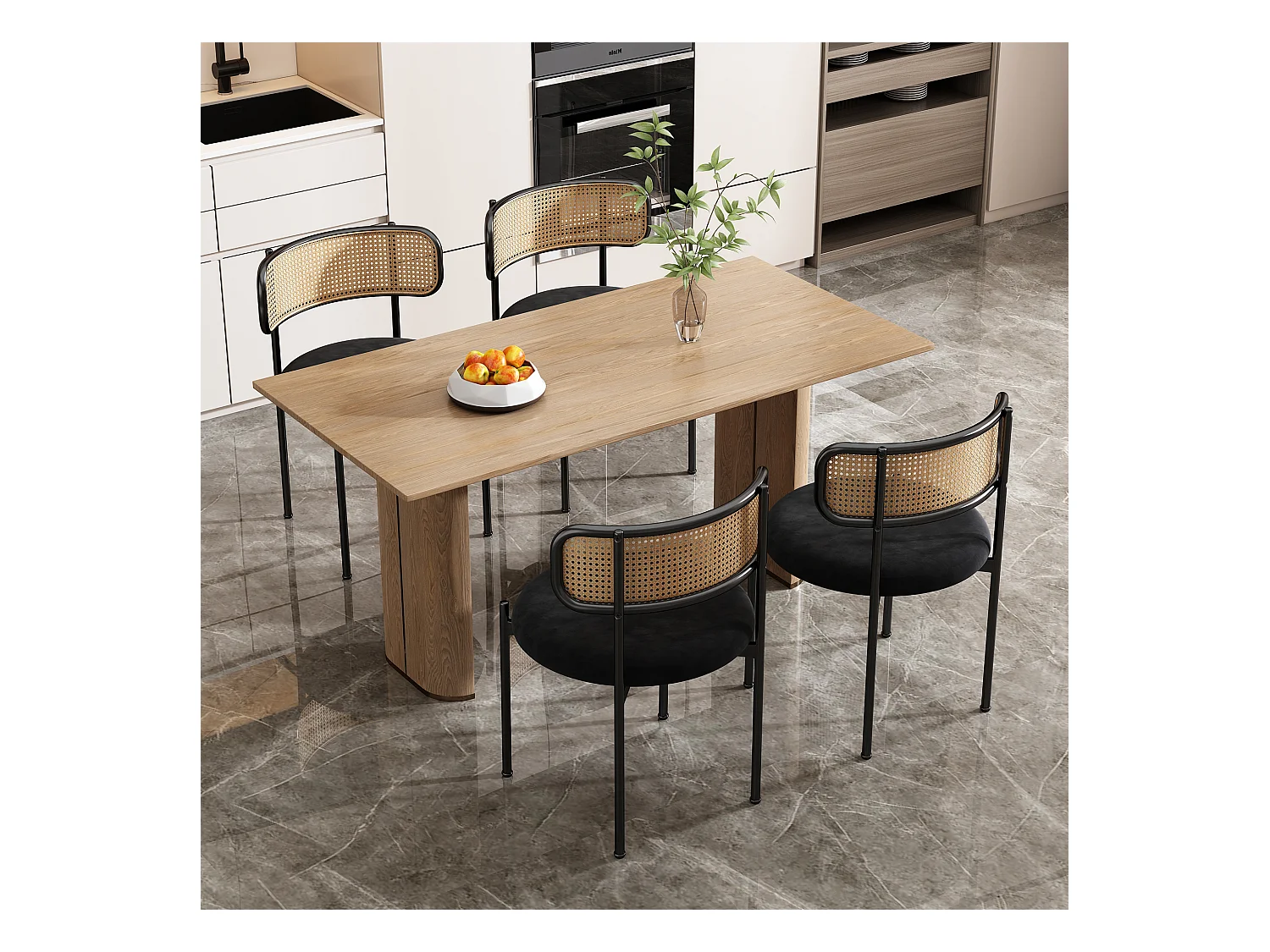 Conjunto de 4 sillas de terciopelo con respaldo de ratán y patas de metal negro - negro