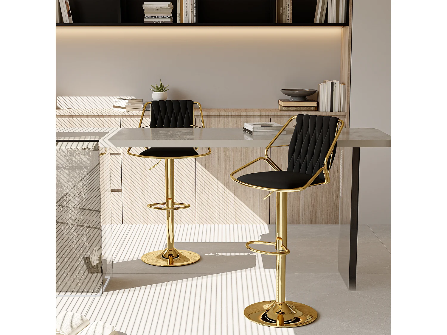 Lot de 2 tabourets de bar, chaise pivotante avec dossier, hauteur réglable de 56 à 77 cm, tabouret de bar en velours noir pour le bar de la cuisine